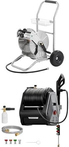 Giraffe Tools Metal Water Hose Reel Cart 200 ft of 1/2 Capacity+Giraffe Tools Grandfalls Wall Mounted Pressure Washer with 100ft Hoses, G30B, Max 2900 PSI, 2.2 GPM, Foam Cannon, 4-Nozzles