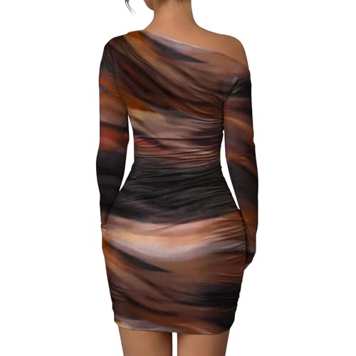 Image of Women's Long Sleeve Bodycon Mini Dress Tie Dye Print Slim Fit Asymmetrical Neck Elegant Formal Ruched Short Dresses
