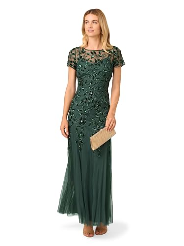 Image of Adrianna Papell Women's Beaded Gown with Godets - Floor Length Gown with Floral Embellishments & Cap Sleeves