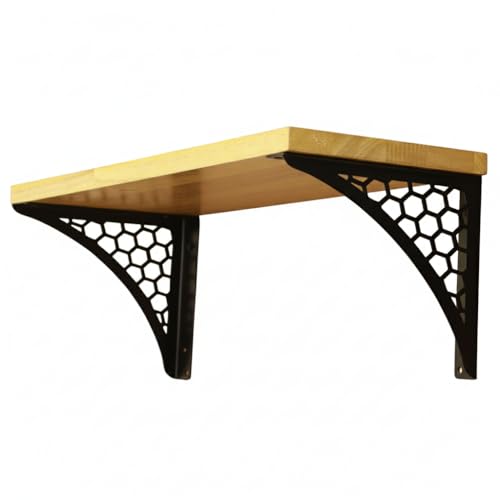 Image of Wall Shelf with Wooden Top Black|White Iron Brackets Storage Rack|Industrial Wall-Mounted Floating Shelf for Living Room,Kitchen,Bathroom (Black Hexagon Large)