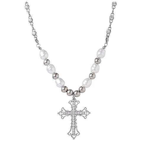 Y2k Pearl Cross Necklace Coquette Aesthetic Baddie Irregular Pearl Crystal Cross Chain Necklace Cool Punk Vintage Jeweley for Women Cover
