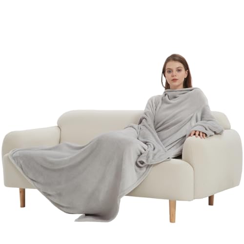 viceroy bedding Wearable TV Blankets With Sleeves, Ultra Soft Warm Thermal Fleece Blanket for Couch Sofa Bed Cosy Oversized Fleece Snuggle Throw (Silver)