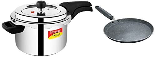 Image of Prestige Svachh Deluxe Alpha 4 Litre Stainless Steel Outer Lid Pressure Cooker & Prestige Omega Deluxe Granite Dosa Tawa, 28 cm, Black