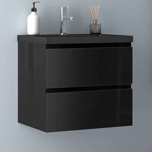 Biubiubath Badezimmermöbel 60cm Schwarz Mineralguss Waschtisch mit Unterschrank Badmöbel Set Badezimmerschränke mit 2 Soft-Close Schubladen Hochglanz Schwarz