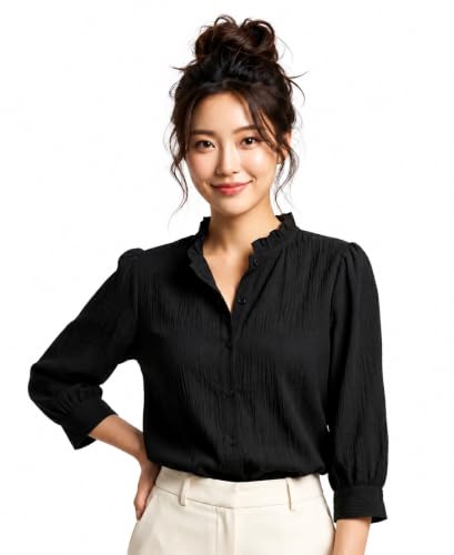 Image of Messica Women Brown Solid Cotton Blend Knitted Top | Ruffle Neck | 3 /4 Sleeve | Regular Fit Casual Office Wear Top
