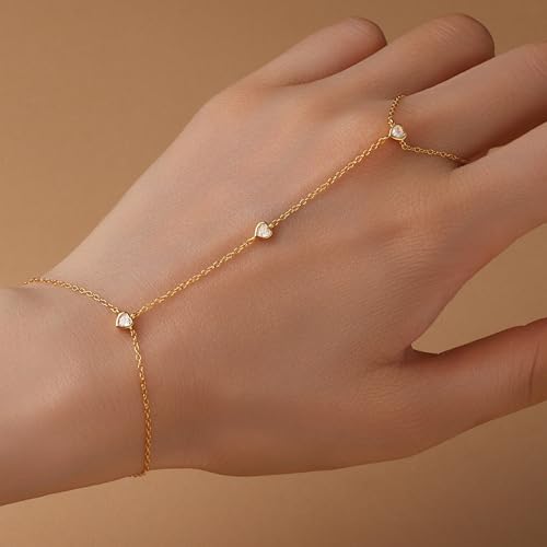 Diamond Gold Bracelet Rings Hand Chain for Women, 925 Sterling Silver White CZ Heart Finger 14k Gold Plated Dainty Trendy Layered Stackable Link Chain Ring Bracelet Body Summer Christmas Wedding Jewelry Gift2