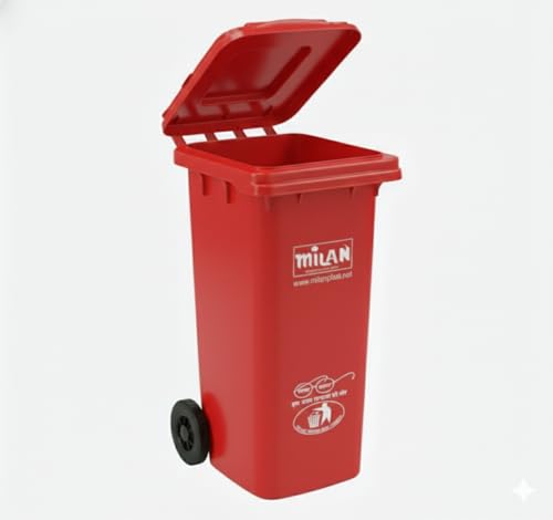 Image of Milan Plastic Manual-Lift Garbage Waste Dustbin with Wheels 100 Ltr Red