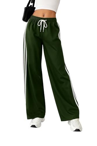 Image of SAKHWALA Women Track Pant | Women's Wide Leg Track Pants High Waist Drawstring Sweatpants with Side Stripes, Casual Loose Fit Lounge Joggers, Dark Grey
