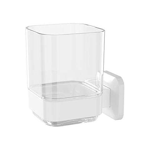 Wall-Mounted Tumbler and Toothbrush Holder, Wall Mounted Adhesive Hanging Electric Toothbrush Organizer Stand for Bathroom with Rinsing Cup, No Drilling Required (White, 3.93"X3.93"X2.97") Cover