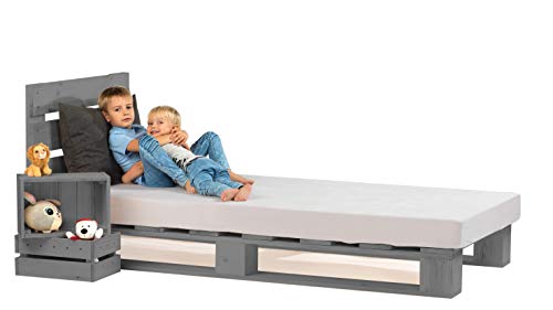 sunnypillow 90x200 cm Palettenbett mit Kopfteil Grau Massivholzbett Bett aus Paletten Palettenmöbel Fichte europalette Anthrazit Grau 80 90 100 120 140 160 180 200 220 240 x 200cm