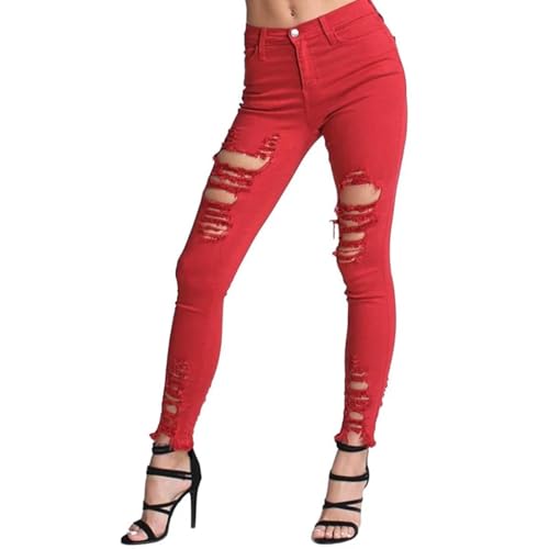Photo de YUECIBAI Jeans Hose Déchiré Jeans Femme Neuf-Point Petite Serré Taille Haute Élastique Slim Minceur Crayon Pantalon Mince L Rouge