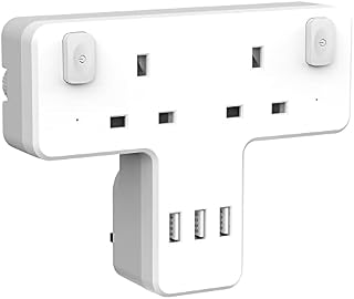 Plug Extension Double Plug Adaptor With Individual Switches, Multi Plug Adaptor With 3 USB, 2 Way Plug Adapter UK, 13A Power Plug Extender Wall Socket for Home, Office