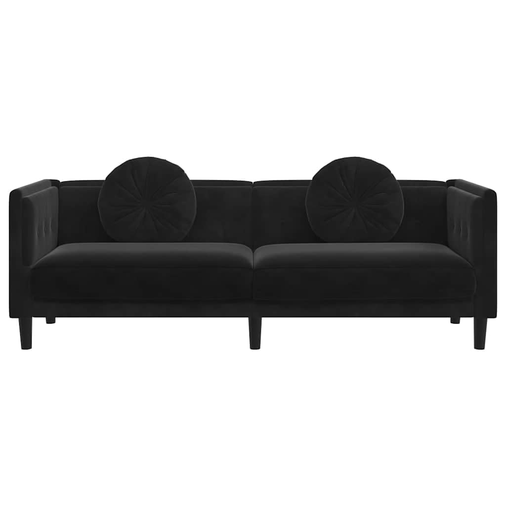 Sofa z poduszką, 3-osobowa, czarna aksamitna, szerokość 193,5 cm, miękka tkanina tapicerska, wygodna kanapa do salonu, wytrzymała