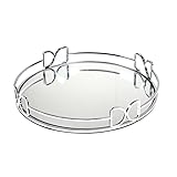LINDLEMANN Decorative Tray Metal Mirrored Round Serving Trays with Butterfly Handles Perfume Jewelry Trinket Organizer for Bathroom Vanity Home Décor (Silver, 12')