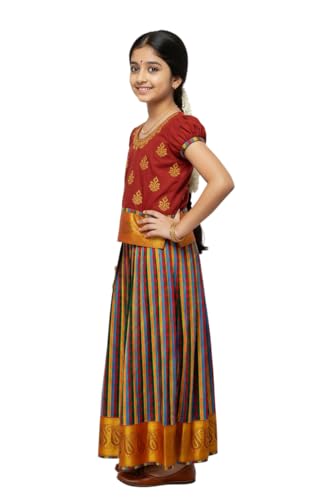 Image of Girls Traditional Silk Pavadai Sattai Lehenga Choli with Waist Belt | Ethnic Festival Wear for Girls, Perfect for Weddings, Pongal, Religious & Special Occasions