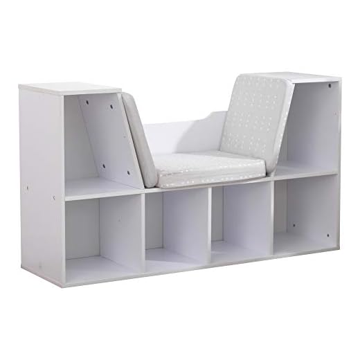 KidKraft Wooden Bookcase with Reading Nook, Storage and Gray Cushion, White, Gift for Ages 3-8