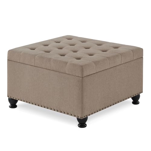 RENDGO 30 Inch Large Square Tufted Storage Ottoman for Living Room,Linen