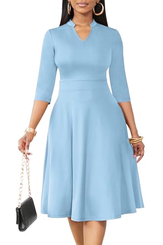 Image of Nmoder Casual Dresses for Women Semi Formal Fit and Flare 3 /4 Sleeve A-line Church Work Dress with Pockets