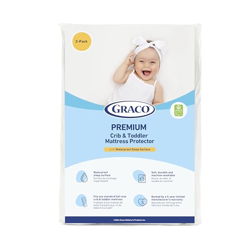 Image of Graco Premium Waterproof Crib and Toddler Mattress Protector (2 Pack) – GREENGUARD Gold Certified, Machine-Washable & Dryer-Friendly, Waterproof Sleep Surface, Fits Crib & Mattress