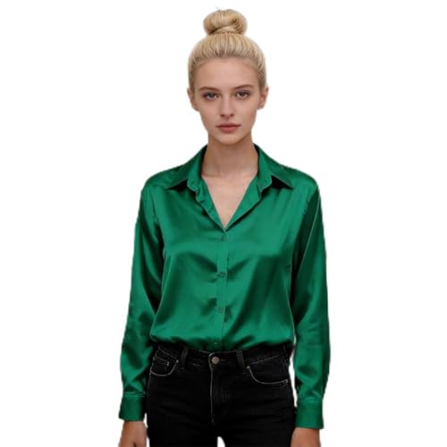 Camisa feminina de cetim de manga comprida tipo blusa de seda para trabalho, Verde, XGG
