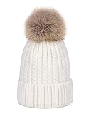 YOUNGSOUL Damen Wintermütze Beanie Mütze Strickmütze Frauen Bommelmütze mit Zopfmuster und abnehmbaren Kunstfellbommel Weiß