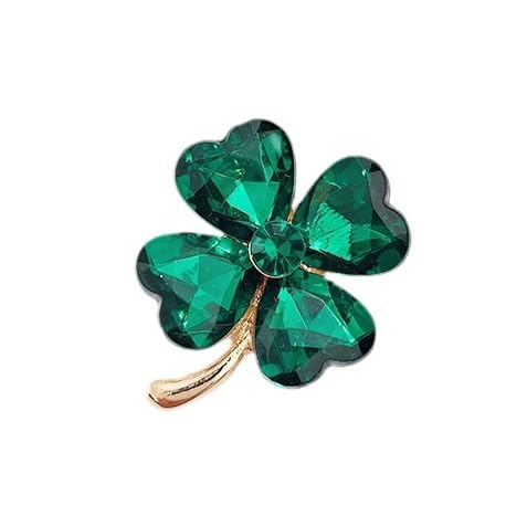 Image of Rhinestone Clover Leaf Brooch Pin, Green Four Leaf Clover Pin Shamrock Lapel Pin, Gold Plated Vintage Crystal Flower Brooches