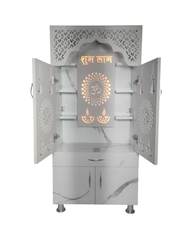 Image of Amazing Home Temple /Pooja Mandir with Led Lights (Pre Assembled) Height: 130cm Engineered Wood Home Temple (Height: 130, Pre-Assembled) | White