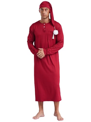 Men's Nightshirt Long Sleeve Nightgown Soft Loose Sleepwear Lightweight Nightwear Sleep Cap2