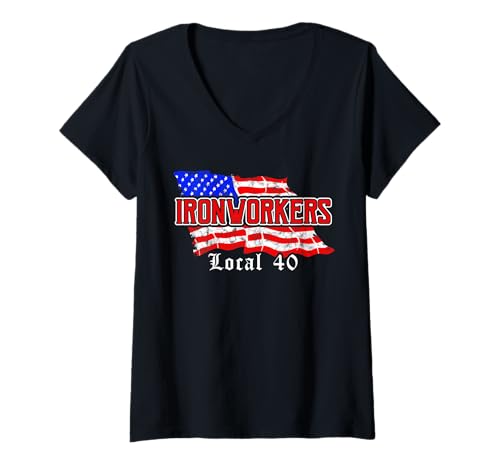 Mujer Ironworkers Local 40 NYC Bandera Americana Patriótico Camiseta Cuello V