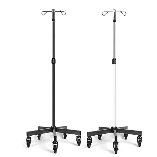 Konmee IV Poles with Wheels IV Stands 2 Hooks 5 Legs Rolling Base with Heavy Duty Stainless Steel, Adjustable Height, 2 PCS