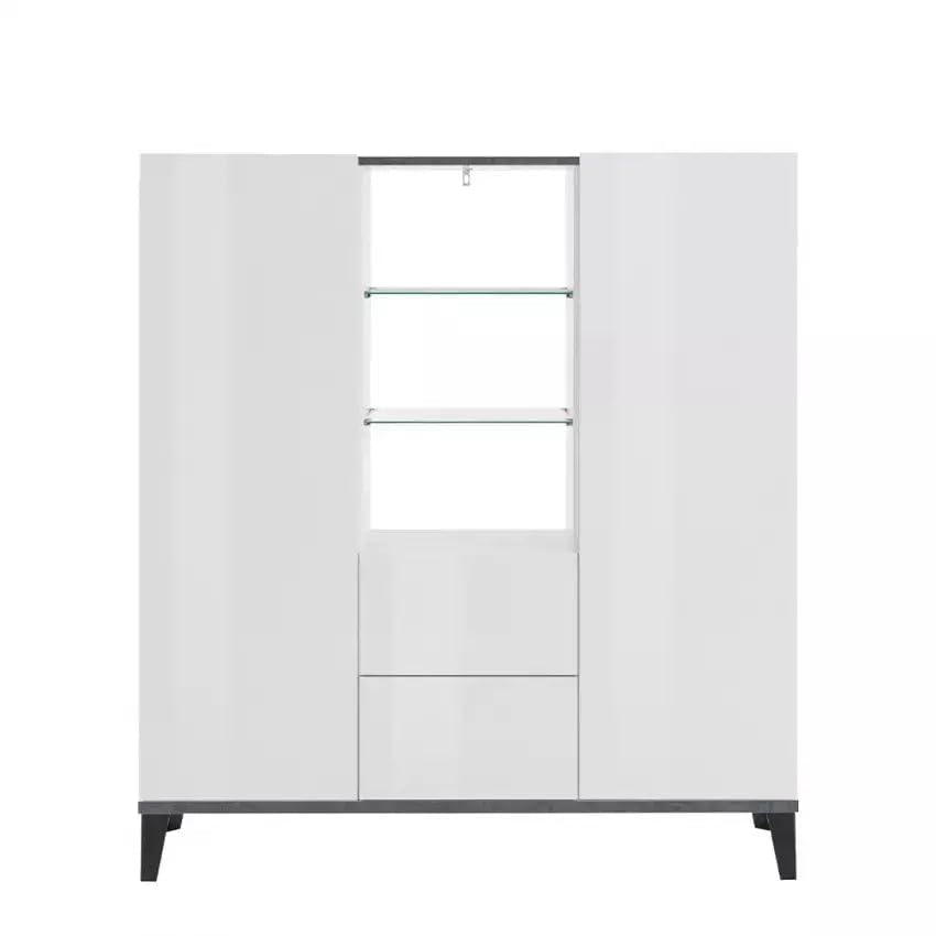 Generico Credenza, 120x40x120 cm, Bianco opaco/Bianco laccato lucido/Ardesia, Legno e vetro e metallo, Modello SUNRISE, Design Moderno Made in Italy