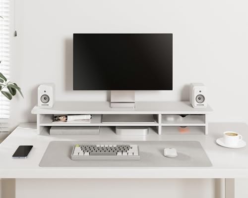 Image of Fenge Monitor Stand, Dual Monitor Riser, 42.5inch Large Desk Computer Monitor Stand Riser with Drawer, 2 Tier Wood & Acrylic Desktop Organizer for Computer, Laptop, Printer, TV Screen Riser