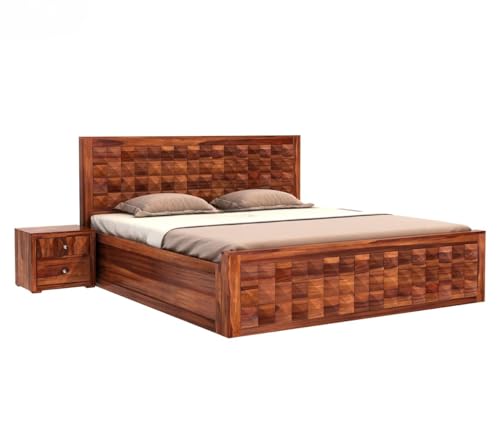 Image of King Size Sheesham Wood Box Storage Bed - Diamond Design Solid Wood Bedroom Bed | Honey Finish Wooden Cot | Eco-Friendly Handmade Indian Furniture | Modern Wooden Storage Bed