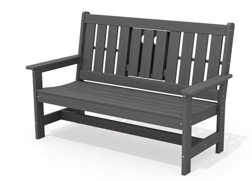 Image of SERWALL HDPE Outdoor Bench with Cup Holder Oversized 58 inch Porch Bench, Grey