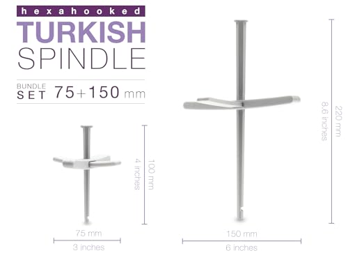 Set 2x Türkische Spindel (75+150 mm) Hexahooked Turkish Spindle Grau - Spinnrad Handspindel für das Handspinnen von Wolle