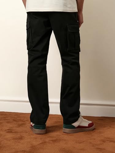 Image of Vogaan Men Solid Relaxed Fit Cotton Blend Cargo Trousers with Utility Pocket