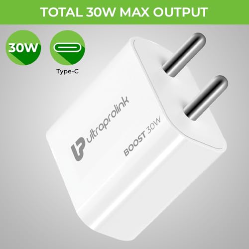 Image of UltraProlink 30W PD Type C Fast Charger Adapter with Cable | Fast PD-PPS Charger for iPhone 15 Series, Galaxy & Pixel Phones | with USB C-C Cable |Made in India|Boost PD30 | White