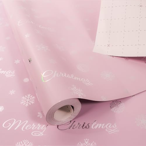 Christmas Wrapping Paper Roll 43cm x 10m Xmas Gift Wrapping Paper Metallic Gift Wrap Paper with Snowflake Xmas Tree Pattens for Christmas Party Festive Decorations (pink)