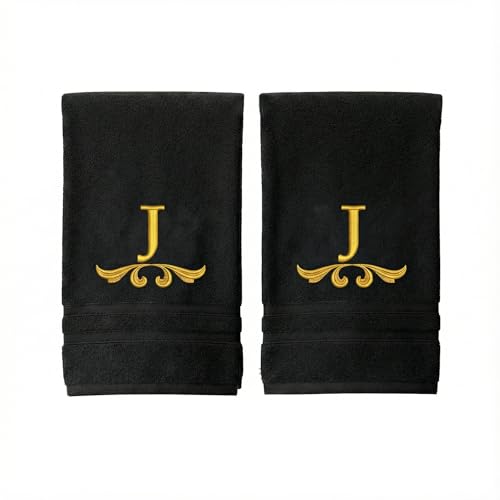 Hawmam Linen Monogrammed Hand Towels, Personalized Gift, 16 x 29 Inches - Set of 2- Gold Embroidered Towel - Extra Absorbent 100% Cotton- Soft Cotton - for Bathroom/Kitchen/Spa- Initial J (Black)