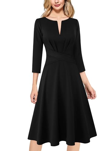 VFSHOW Womens 2025 Office Work Business Casual Fit and Flare Dresses Crew Neck Front Zipper Professional Church Knee Length A Line Dress (Black, X-Small) 11250 BLK XS