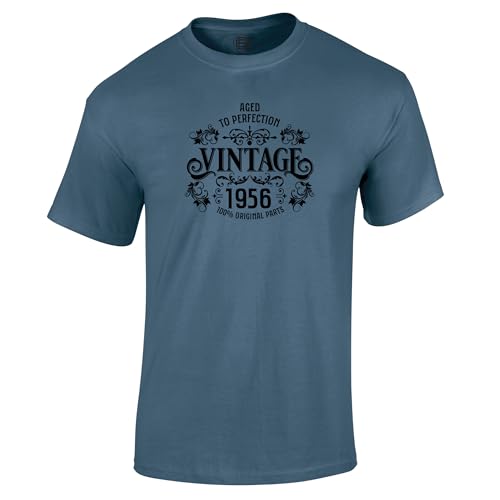 70th Birthday Gift for Men - Vintage Mens T Shirt Born 1956 Aged to Perfection - 1956 Birthday Gifts for Men Indigo Blue Size L