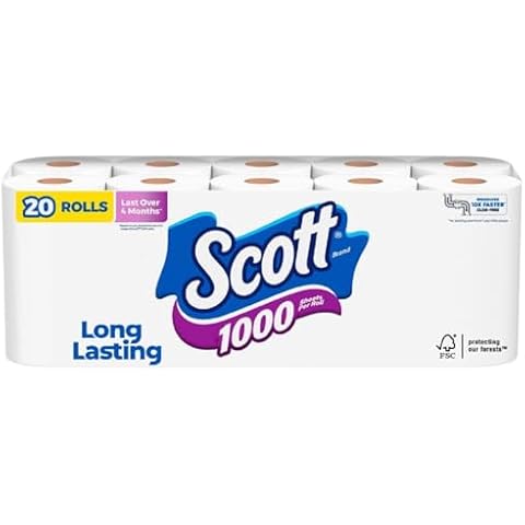 Scott 1000 Toilet Paper, 20 Regular Rolls, Septic-Safe, 1-Ply Toilet Tissue Cover