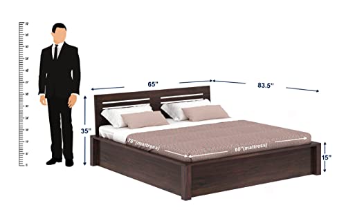 Image of Solid Wood Queen Size Bed for Bedroom | Wooden Furniture Crafted from Premium Sheesham Wood | Elegant Bedroom Double Bed with Box Storage | Walnut Finish (83.5x65x35 Inches)