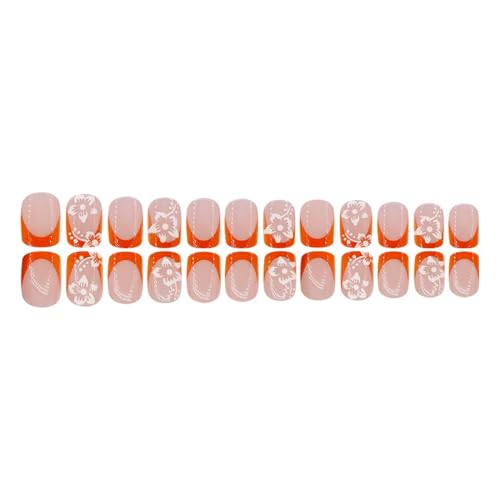 Image of NBNTGH Orange French Tip Glue On Nails, 24 Pcs Short Square ABS Acrylic Full Cover Stick On False Nails, Reusable, Glossy, Spring /Summer Press On Nails