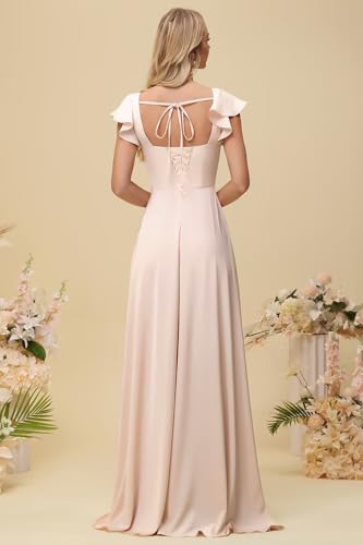 Xijun Satin Bridesmaid Dresses Long for Wedding Ruffle Sleeve Square Neck Formal Evening Dress for Women with Slit4