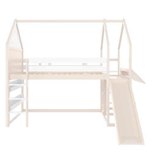 Image of Bellemave Bunk beds Full Over Full with Slide and Stair and Bookshelf Playful Design, Low bunk /loft Bed for Kids，Beige