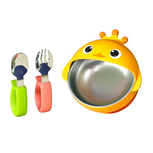 Image of ENERGEVITY Suction Bowls Set for Baby Feeding，Silicone Suction Baby Bowl and Food-Grade 304 Stainless Steel Bowl with Fork and Spoon,Dishwasher Safe (Yellow Duck)