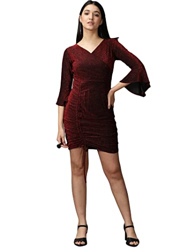 Image of SHOWOFFFF Women Self Design Wrap Casual Dress | V Neck Full Sleeves Lycra Dress for Womens | Knee Length Dress for Women's