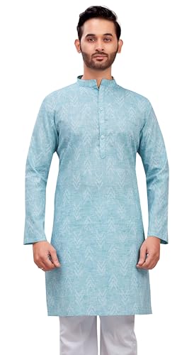 Image of Studio Shringaar Men's Cotton Blend Relaxed Fit Ikat Printed Knee Length Kurta