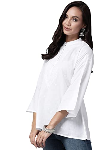 Image of Ada Hand Embroidered Lucknowi Chikankari Cotton Top for Women A911233 | Lucknowi Short Kurta Kurti Tunic Casual Wear Ethnic Wear Chikan Work Straight handcrafted top Kurti for Office